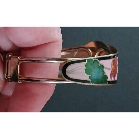 Vintage Cloisonne Enamel Floral Clamper Bracelet Gold-Tone Beautiful Jewelry Gif - Picture 10 of 12